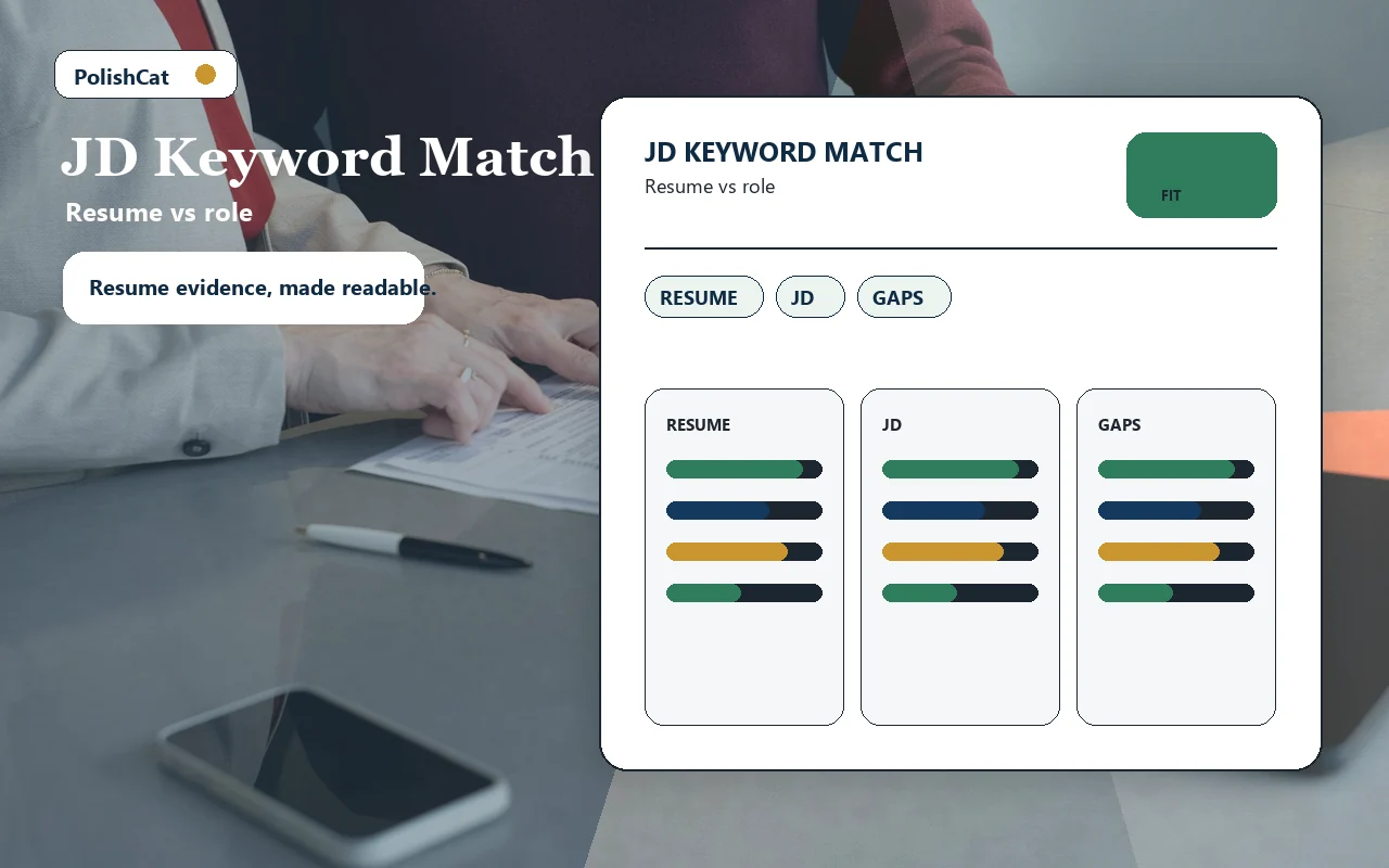 Resume and job description keyword match report in an office setting