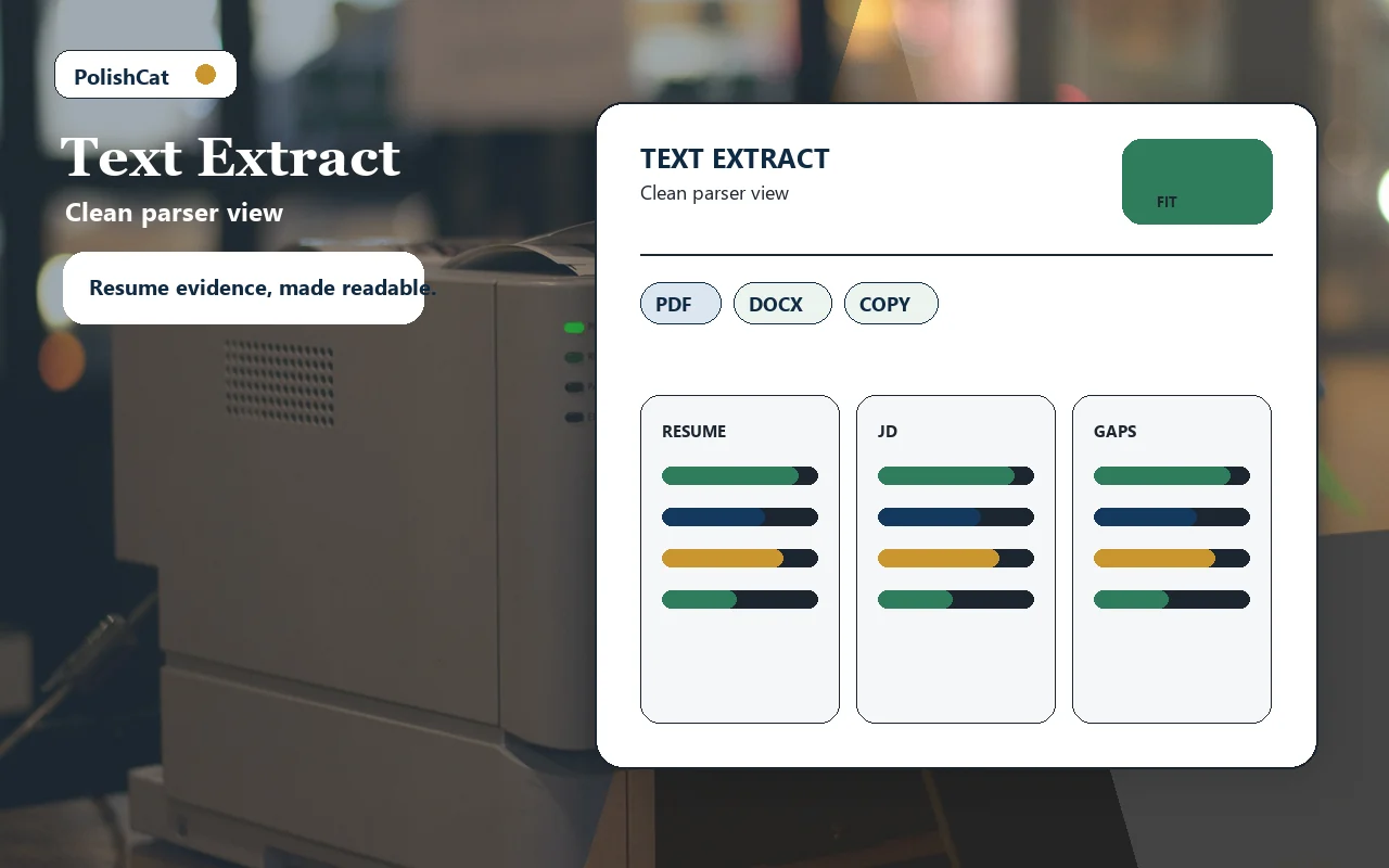 Abstract resume text extraction report in a professional workspace